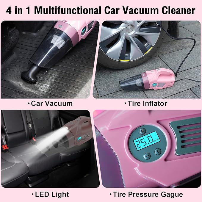 Pink Car Cleaning Kit, 25Pcs Detailing Kit Interior with 4-in-1 Power Handheld Vacuum Cleaner, Detailing Brush Set, 2-in-1 Windshield Cleaner Tool, Car Accessories for Cleaning, Gift for Women