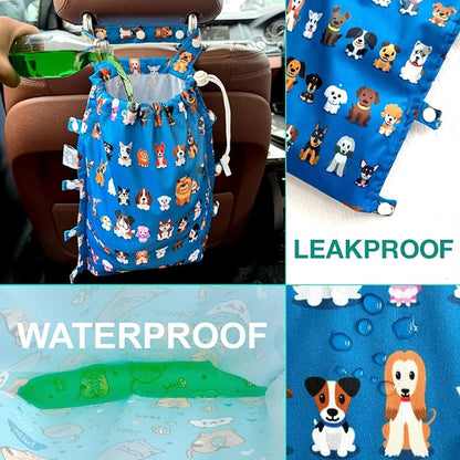 Leak-Proof Waterproof Car Trash Bag Foldable Multipurpose Trash bin Container Storage Cute Grocery Organizer Bag for Automotive Front or Back Seat in Cars SUVs and Trucks (Dog Family)