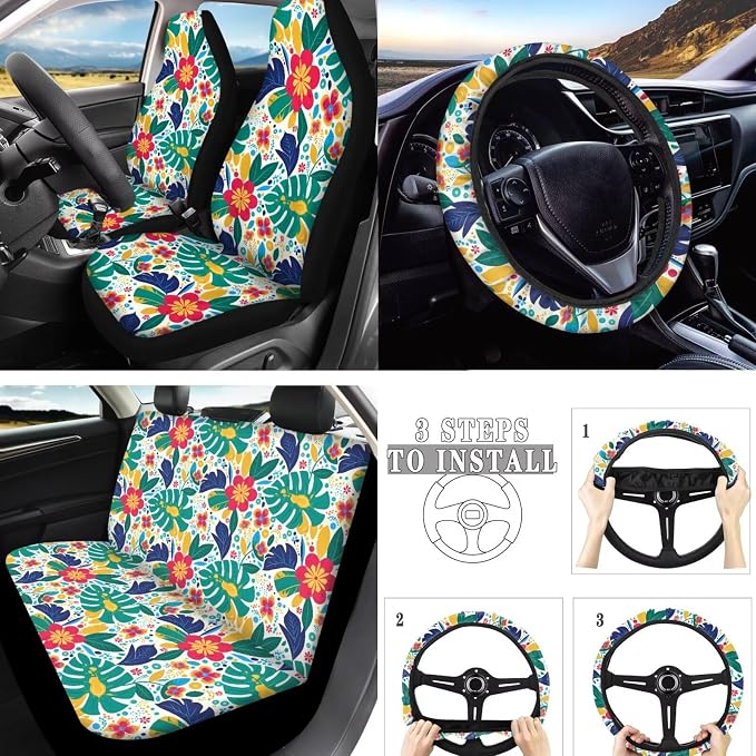 10 Set Island Hibiscus Monstera Car Seat Covers, Tropical Plant Hibiscus Steering Wheel Cover Seat Belt Pads, Island Style Flowers Leaf Cup Holder Keychain
