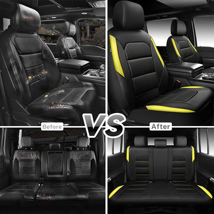 CAR PASS Memory 3D Foam Car Seat Covers Full Set, Breathable Mesh Thick Seat Covers for Car, Yellow Leather Seat Covers, Universal Automotive Comfort for SUVs Trucks,Airbag Compatible, Black Yellow