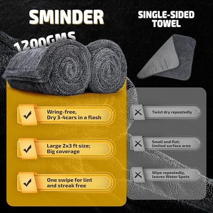 SMINDER 2-Pack 1200 GSM Car Drying Towels – Microfiber Towels for Cars (36" x 24"), Ultra-Absorbent, Streak-Free, Scratch-Free, No Water Spots, Double-Twist Pile & Edgeless Design