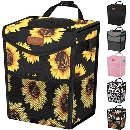 Pritent Car Trash Can with Lid, Cute Leakproof Car Trash Garbage Bag Hanging Vehicle Trash Bin Small Portable Automotive Garbage Cans Organizer for Back/Front Seat(Trapezoid,Black Sunflower