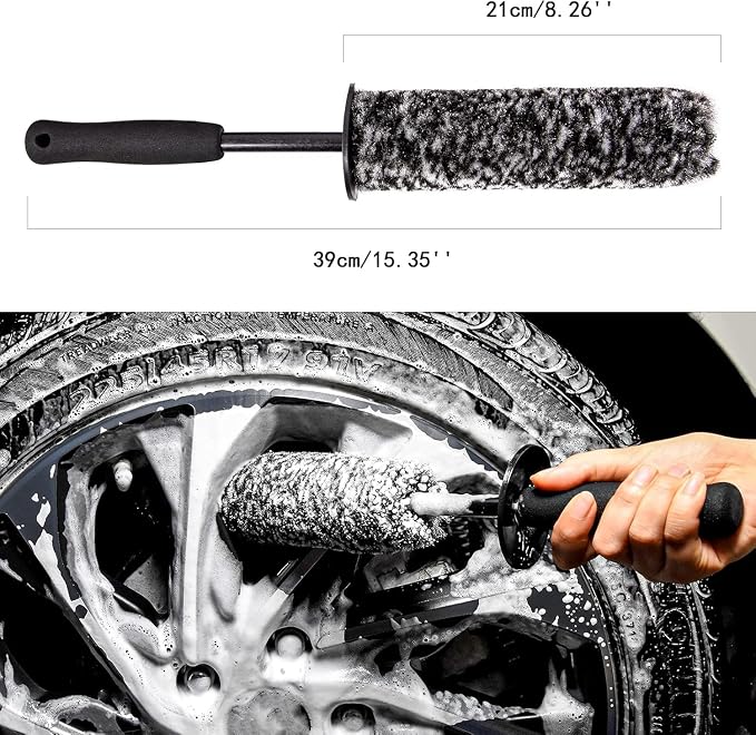 Car Wheel Rim Brush Kit, Woolies Wheel Brush, Car Cleaning Brush Fiber Rod, Steel Ring Fiber Cleaning Brush, Long Non-Slip Handle Clean Brush, Great to Clean Car Wheel Rim