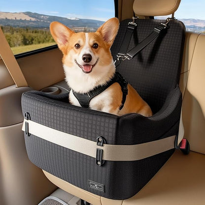 PETSFIT Dog Booster Car Seat for Small/Medium Dogs Up to 35 lbs – Patented Safety System, 5" Memory Foam Pet Car Seat, Fully Detachable and Washable Cover, Front/Back Seat Travel Booster (Black)