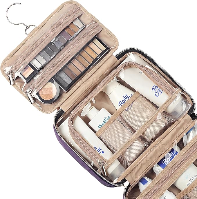 NISHEL Travel Toiletry Bag for women, Portable Hanging Organizer for Travel-Sized Shampoo, Conditioner, Brushes Set, Makeup Accessories, Medium Size, Purple