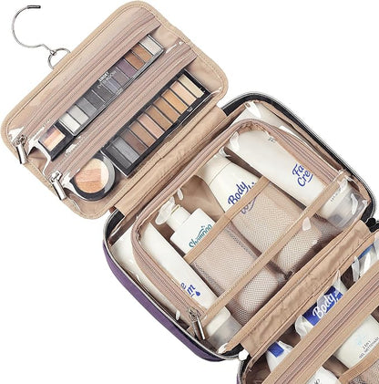 NISHEL Travel Toiletry Bag for women, Portable Hanging Organizer for Travel-Sized Shampoo, Conditioner, Brushes Set, Makeup Accessories, Medium Size, Purple