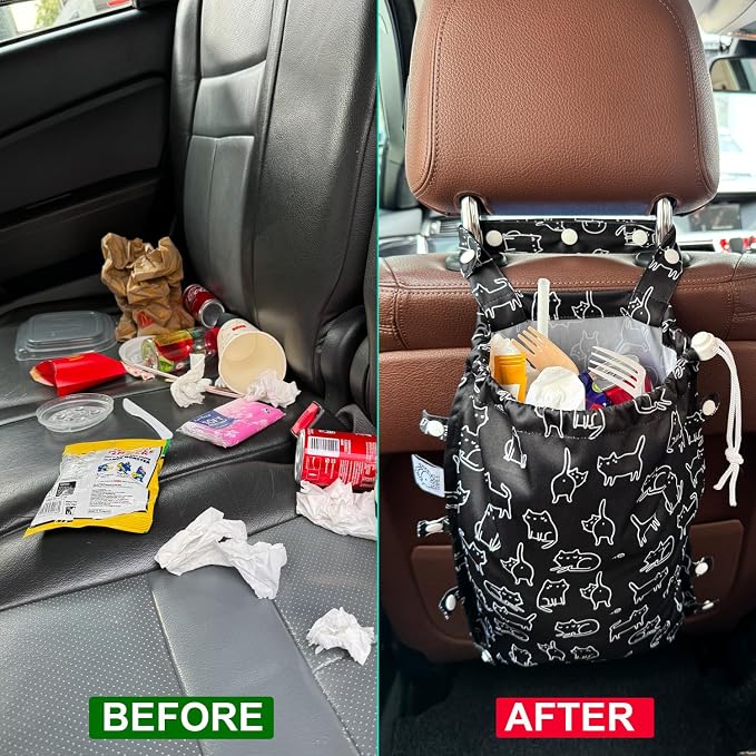 Leak-Proof Waterproof Car Trash Bag Foldable Multipurpose Trash bin Container Storage Cute Grocery Organizer Bag for Automotive Front or Back Seat in Cars SUVs and Trucks (Black Cats)