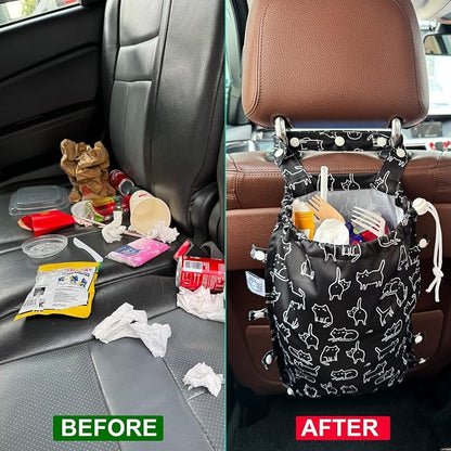 Leak-Proof Waterproof Car Trash Bag Foldable Multipurpose Trash bin Container Storage Cute Grocery Organizer Bag for Automotive Front or Back Seat in Cars SUVs and Trucks (Black Cats)