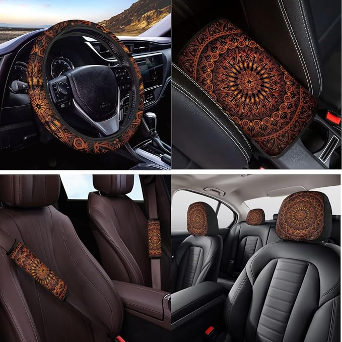 14 Pcs Orange Mandala Car Seat Covers Full Set with Auto Steering Wheel Cover Armrest Cushion Protector Seat Belt Covers,Flower Automotive Interior Sets Universal Fit Cars SUV Truckss