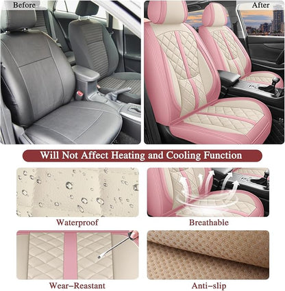 otoez Pink Car Seat Covers Full Set, Universal Leather Seat Cover 5 Seat Waterproof & Breathable Automotive Seat Protector Full Coverage for Cars Sedens, Trucks, SUVs, Vans (Pink & White)