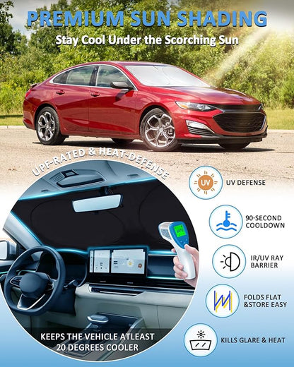 Sun Shade for Malibu Windshield Sunshade Custom fit for Chevrolet Chevy Malibu Accessories 2016-2024 2025 Foldable Front Window Cover Retractable Sun Visor Protector Keep Interior Cool