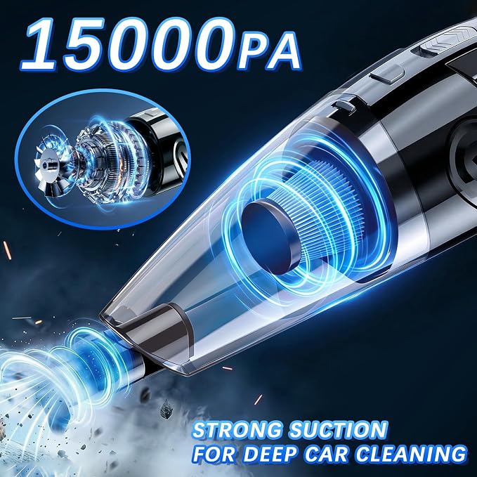 Handheld Vacuum Cordless, 15000Pa Powerful Car Vacuum Cleaner - 7800mAh Rechargeable Portable Mini Vacuum with 70000RPM Motor, 5 Nozzles, Low Noise, Washable Filter, for Car, Home, Office, Pet