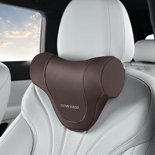 Coverado Car Headrest Pillow, Ergonomic Memory Foam Car Neck Pillow for Driving Seat with Adjustable Strap, Soft PU Leather Breathable Removable Cover Neck Support for Neck Pain Relief