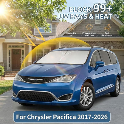 Windshield Sun Shade for Chrysler Pacifica 2017-2024 2025 2026 Front Window Shade Custom Fit Pacifica Accessories Sun Visor Foldable Shade Blocks UV Rays Summer Must Have Car Accessories