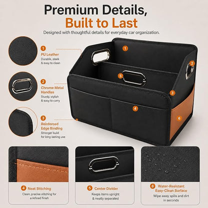 Noaman Car Organizer - 2025 Upgraded Leather Car Storage Organizer for Front Back Seat or Floor with 3 Metal Handles 6 Apartments, Multipurpose Car Organizers and Storage Black.