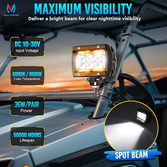 MICTUNING K1 LED Light Pods with Amber DRL 4 Inch, 36W Spot Off Road Lights Super Bright Driving Fog Light 1800LM IP68 Waterproof with Wire Harness for Trucks Motorcycle ATV UTV SUV Car Boat, Pair