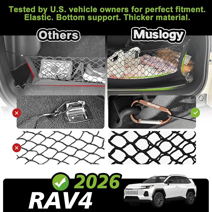 Muslogy Truck Bed Cargo Net Trunk Netting Compatible with Toyota RAV4 2026 Accessories, Pickup Cargo Organizer SUV Sedan Storage Net w/Heavy Duty Carabiners