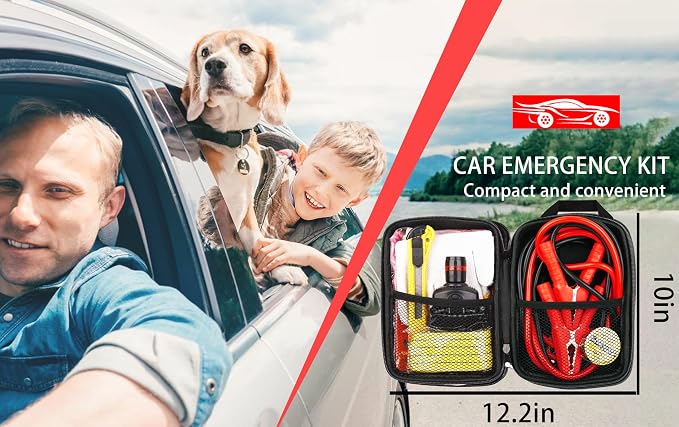 HAIPHAIK Car Roadside Emergency Kit, with Jumper Cables Automotive Kit,Car Safety Roadside Assistance Kit Headlamp,Tow Straps,Art Knife, Rainwear, Gloves.Grey