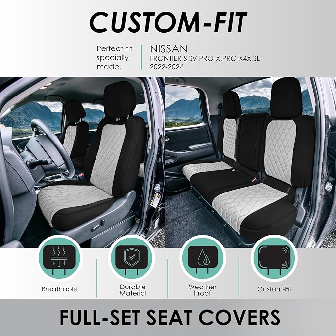 FH Group Custom Fit Car Seat Covers Specifically Made for 2022-2026 Nissan Frontier, Full Set Gray Ultraflex Neoprene Waterproof Automotive Seat Covers for Pickup Truck, Nissan Accessories