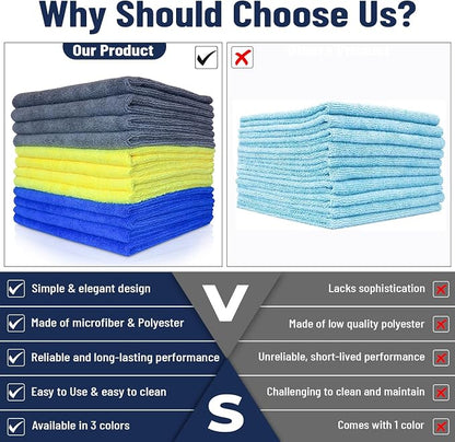 SAIU Microfiber Cleaning Cloths 16x16 in Grey/Blue/Yellow Higher Absorency 12 Pack, Car Washing Cloth Dry Dust Polish Multiple Uses