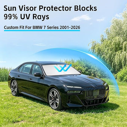 Windshield Sun Shade for BMW 7 Series 2001-2026 Sunshade 300T Windshield Cover Shield Protector Blocks UV Rays Custom Fit 7 Series Front Window Shade Windshield Accessories Keep Cool Foldable