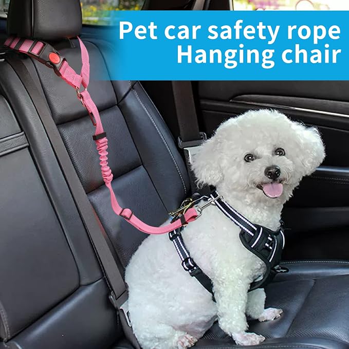 YAOHDAO Dog Seat Belt Harness for Car, Restraint Adjustable with Elastic Bungee Buffer Headrest for Vehicle, 360 Degree Swivel Nylon Pet Safety Seat Belts Heavy Duty Car Harness for Dogs (Pink)