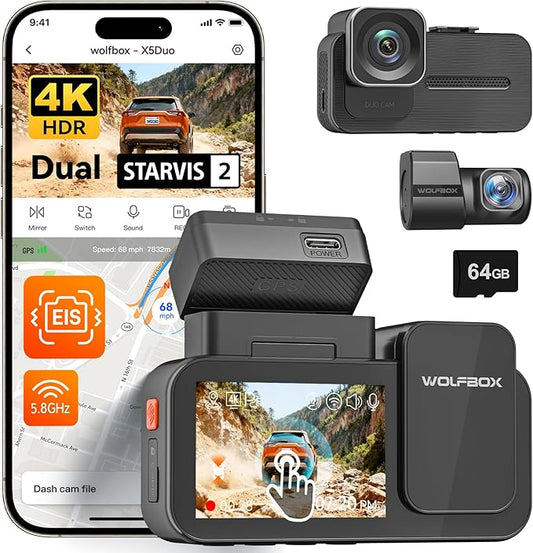 WOLFBOX X5 Duo 4K+2.5K Dash Cam Anti-Shake, 8MP STARVIS 2 IMX678 IMX675, Dual Car Camera Front and Rear, 5.8GHz Wi-Fi GPS, Included 64GB Card, Voice Control, Touch Screen, Parking Mode
