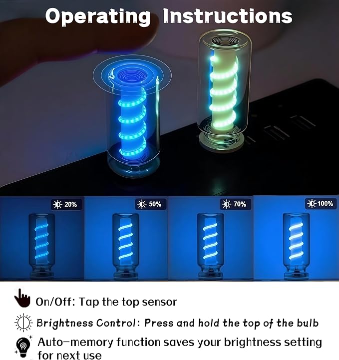 Car USB Night Light, Touch Dimmable Retro LED Filament Lamp, Mini USB Ambient Light for Vehicle Interior, Bedroom, Desk and Camping, 2 Pack, Blue