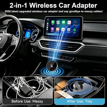 2-in-1 Wireless CarPlay & Android Auto Adapter, CarPlay Dongle Convert Wired to Wireless, Bluetooth & Wi-Fi, Plug & Play, Zero Latency, Compatible with USB/USB-C (Black)