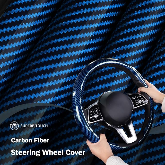 Car Steering Wheel Cover Carbon Fiber Snap On Steering Wheel Accessories Wrap 14.5-15 inch Universal Grip Anti-Skid Protector, Glossy Blue