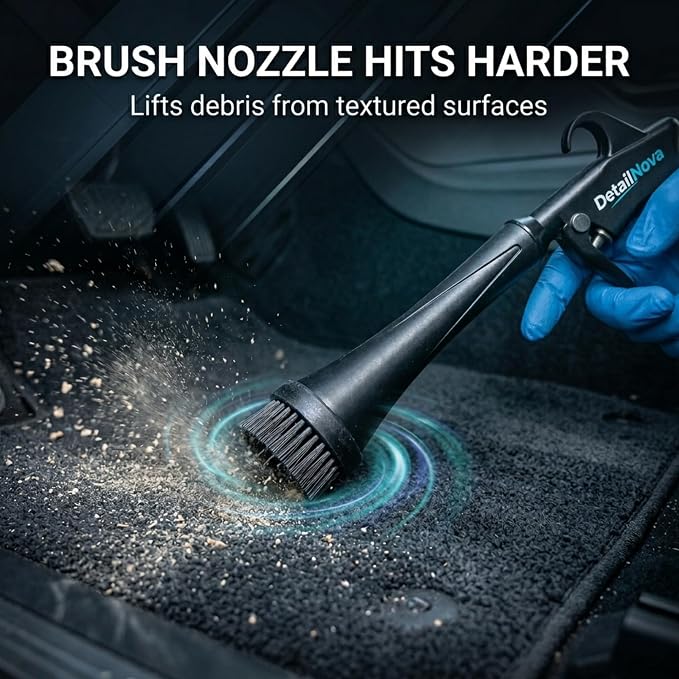 Air Blow Gun for Car Detailing - Durable Tornado Air Gun with Brush Nozzle, Storage Bag, 3 Compressor Adaptors & Microfiber Towel - Requires Compressor, Easy to Set Up
