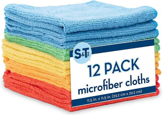 S&T INC. Microfiber Cleaning Cloth, Bulk Microfiber Towel for Home, Reusable and Lint Free Cloth Towels for Car, Assorted Colors, 11.5 Inch x 11.5 Inch, 12 Pack