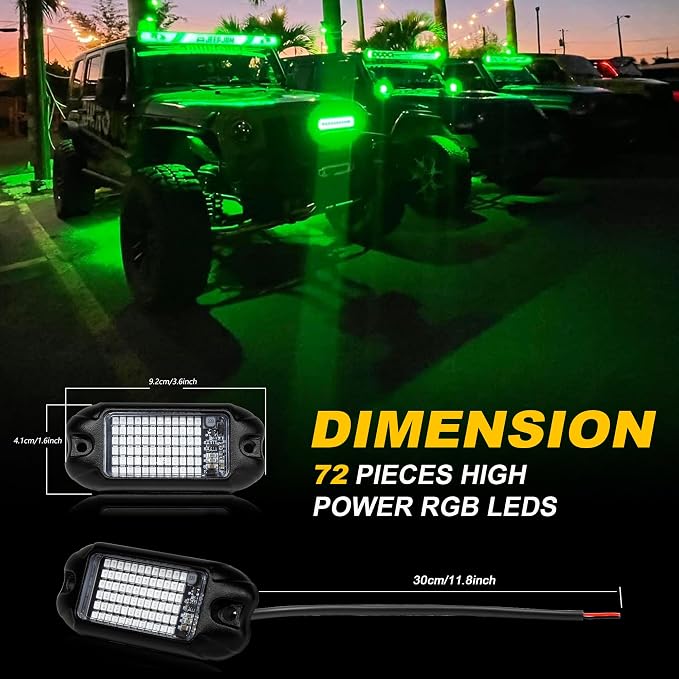 Nicoko 4Pods Pure Green LED Rock Lights 72w high Power Rock Lights Neon Underglow Light for Car Trucks ATV UTV SUV Boat Underbody Glow Trail Rig Light IP68 Waterproof