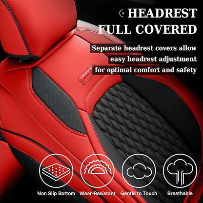 Coverado Dodge Ram 1500 Seat Covers, Faux Leather Full Coverage Car Seat Covers Truck Seat Protector Fit for 2009-2018 Ram 1500 2500 3500 Crew/Mega Cab, Flat Front/Red