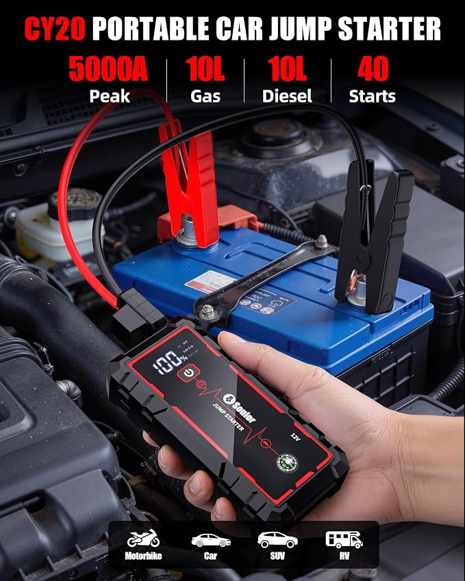 5000A Jump Starter Car Jumper Starter Portable Battery Booster Pack Jump Box with LED Display, LED Light and Jumper Cables(10.0L Gas and 10.0L Diesel)