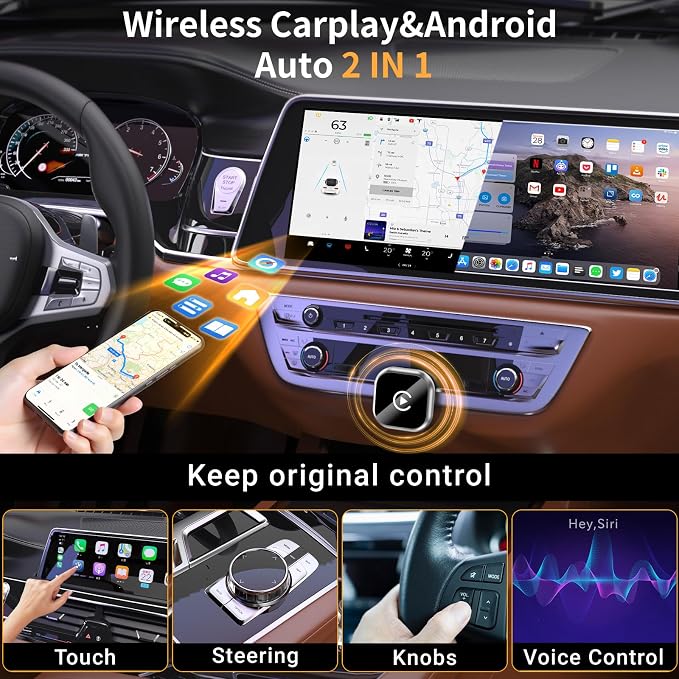 2-in-1 Wireless CarPlay Adapter - Fast Auto-Connect, Stable Connection, Plug & Play Adapter for iPhone & Android Auto Compatible Cars (Silver)