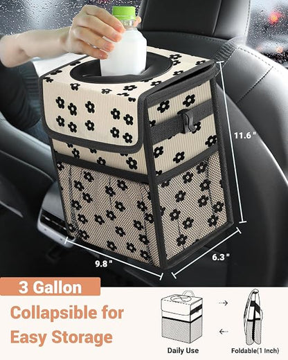 Capolo Car Trash Can with Lid, Leakproof Car Trash Bag Hanging Waterproof Automotive Garbage Can with Storage Pockets Mini Vehicle Trash Bin for Back/Front Seat(Black Flower,3 Gallon)