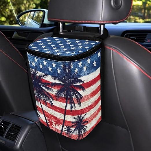 Talayituse American Flag Palm Tree Print Car Trash Can Portable Auto Garbage Bin Multifunctional Vehicle Interior Accessories with Adjustable Straps 4th of July Decor Universal Fit Truck SUV Sedan