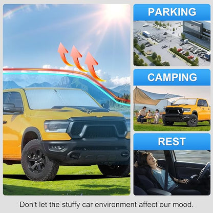 Custom Fit Windshield Sun Shade for Dodge RAM 1500 2019-2026 | Custom Fit Windshield Cover, Blocks UV Rays, Double-Layer Heat Shield, Durable Frame, Easy Fold & Storage