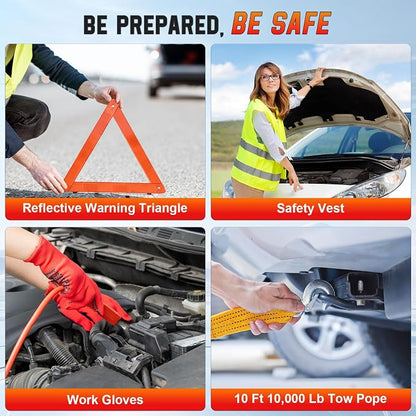Roadside Emergency car kit for Vehicles, Car First Aid Emergency kit with Portable Air Compressor, Heavy Duty Jumper Cables, Tow Strap, Road Trip Essentials Safety kit, New Driver Gifts