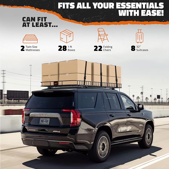 Mockins 90"x50"x6" XXL Heavy Duty Roof Rack Cargo Basket 2-Size Extendable | 250 Lbs Cap Steel Luggage Carrier for Car Rooftop Set w/ Straps| All-Weather Roof Cargo Carrier for SUV, RV, & Large Vehicles