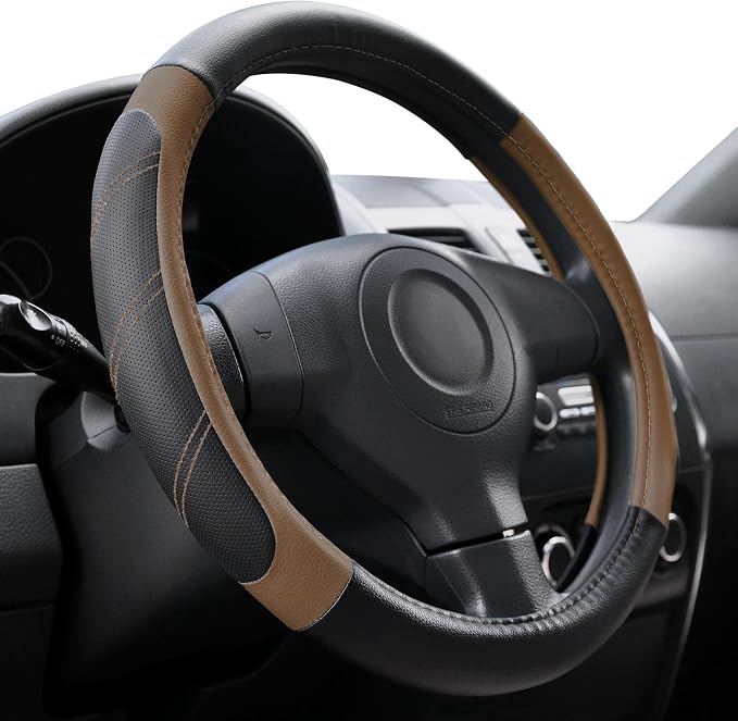 Elantrip Leather Steering Wheel Cover 14 1/2 to 15 inch Universal Padded Soft Grip Breathable for Car Truck SUV Jeep Anti Slip Brown