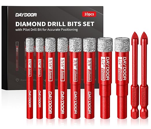 DAYDOOR Dry Diamond Drill Bits Set, 1/4" 5/16" 3/8" 1/2" Diamond Hole Saw Kit for Porcelain Tile Ceramic Glass Marble Granite, Tile Drill Bits with Cooling Wax, Round Shank (10-Piece)
