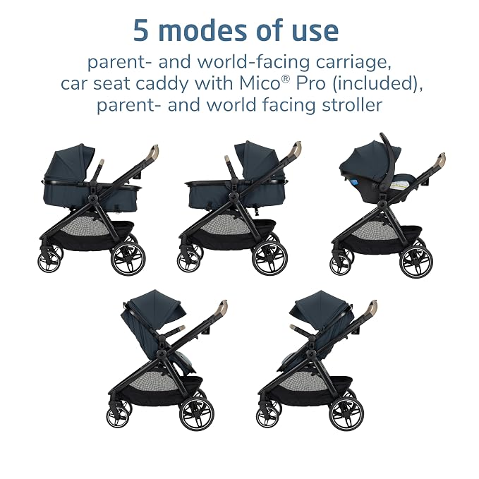 Maxi-Cosi Zelia Pro 5-in-1 Travel System with Mico Pro Infant Car Seat and Baby Stroller Combo, Reversible Seat, Large Wheels, Adjustable Handle, Newborn to Toddler, Lightweight, Seascape