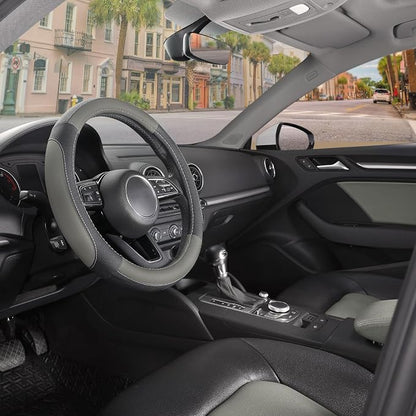 SEG Direct Car Steering Wheel Cover for Prius Civic Model 3 Model Y Camaro, Small Size 14-14.25 inch, Black and Gray Microfiber Leather