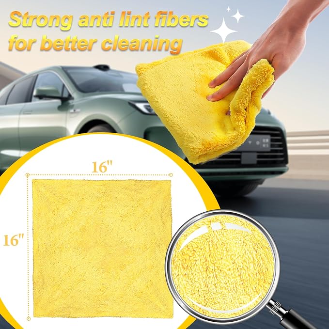 Car Wash Towels 16x16 - Coral Fleece, Yellow 6-Pack | 450gsm thick coral fleece. Highly absorbent, lint & scratch-free for auto detailing, washing, and home cleaning.