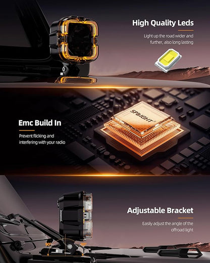 SPL 4" Off Road Lights with Amber Covers, 90W 12000LM LED Pod Lights with Amber DRL & Hi/Lo Beam, Auxiliary Driving Light Led Cube with DT Wiring Harness for Trucks Jeep Pickup SUV ATV UTV, 2PCS
