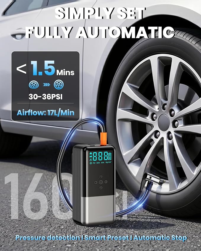 Jump Starter with Air Compressor 8000A 160PSI Battery Jumper Starter(10L Gas/All Diesel) Jump Box Car Battery with Auto-Shutoff Tire Inflator, Jumper Cables and Flashlight