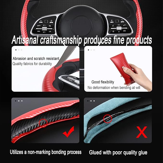 Carbon Fiber Steering Wheel Cover, 2-Piece Set Anti-Skid Comfortable Grip Segmented Butterfly Design, Easy Snap-On Installation Universal Fit 99% Cars, Red