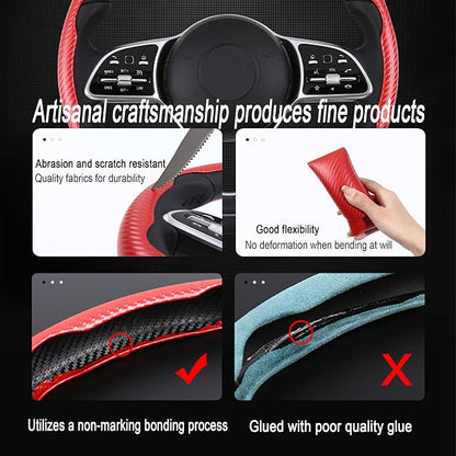 Carbon Fiber Steering Wheel Cover, 2-Piece Set Anti-Skid Comfortable Grip Segmented Butterfly Design, Easy Snap-On Installation Universal Fit 99% Cars, Red